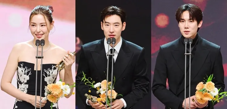 《夜晚盛開的花》李荷妮（左圖起）奪最優秀女演員獎，《搜查班長1958》李帝勳、《現在撥打的電話》柳演錫獲得最優秀男演員獎。翻攝MBC