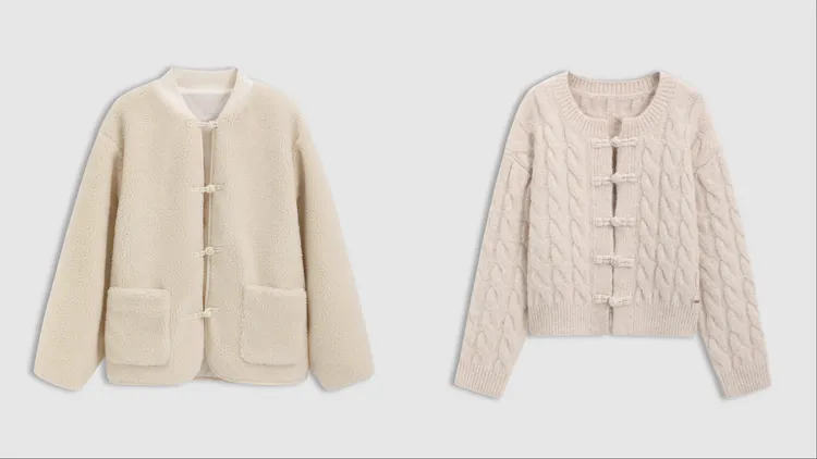 Gap新年系列女裝中國結羊羔毛飛行外套（左）2999元、新年系列女裝中國結長袖紋路毛衣（右）2299元。品牌提供