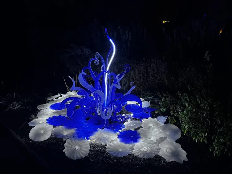 白天，遊客能在布拉格市立植物園，欣賞玻璃散發的透明光澤。入夜後，觀賞光影與音樂交織的玻璃夜光秀。 中央社