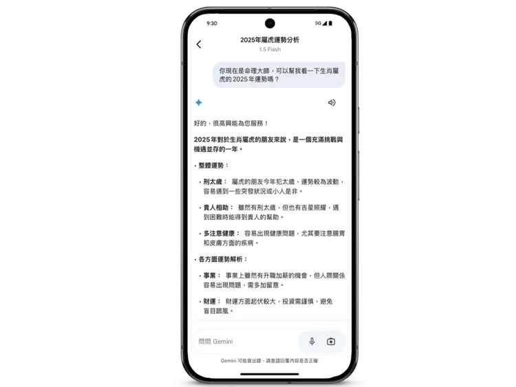 Gemini化身為隨身命理大師。Google提供