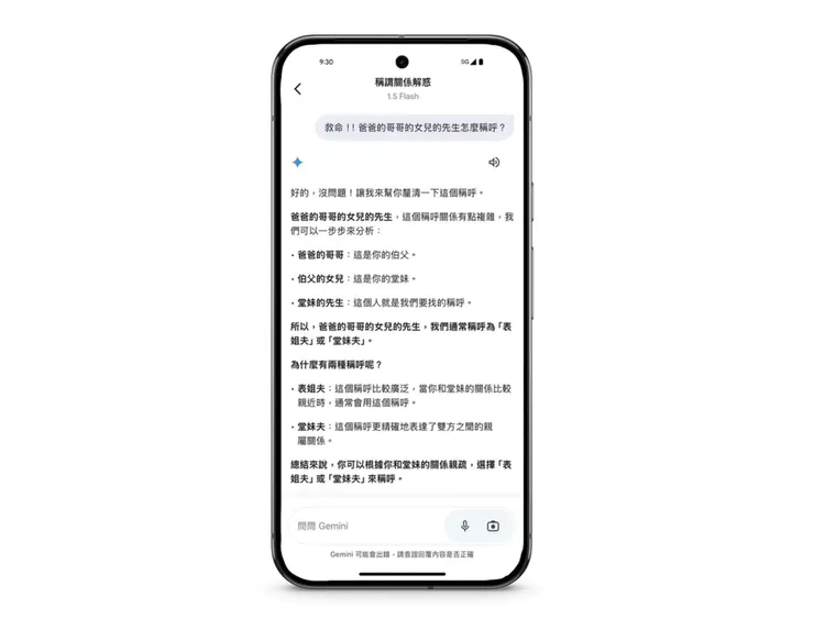 只要把關係輸入Gemini馬上知道這個親戚怎麼稱呼。Google提供