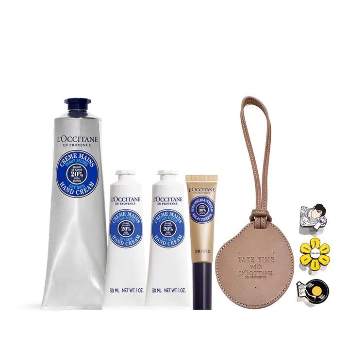 官網、LINE SHOP限定歐舒丹乳油木呵護美手組，150ml乳油木護手霜、30ml乳油木護手霜*2、7.5ml乳油木指緣修護油、限定掛飾，2600元。品牌提供