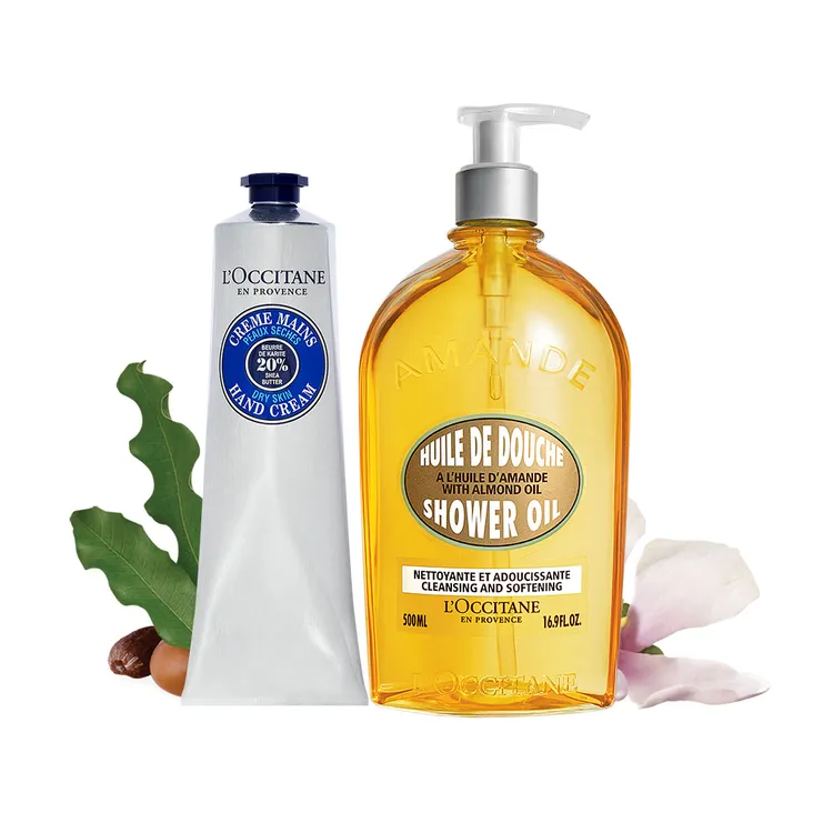 歐舒丹手護時刻沐浴組，150ml乳油木護手霜+500ml杏仁沐浴油，3060元。品牌提供