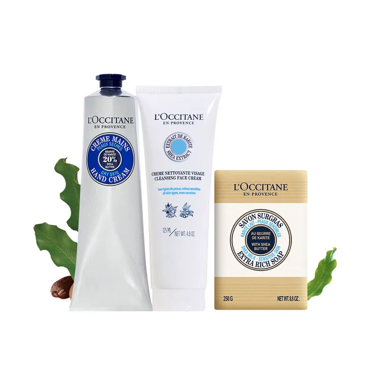 歐舒丹乳油木入門組，150ml乳油木護手霜、125ml乳油木橙花淨透潔面乳、250ml乳油木牛奶皂，2600元。品牌提供