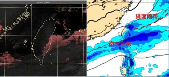 左圖：今(14)日5時色調強化雲圖顯示，陸地幾乎晴朗，花,東有一些低雲。
右圖：最新(13日20時)歐洲模式(ECMWF)，明(15)日14時地面氣壓及降水圖顯示，鋒面雨帶南下，南方亦有水氣移入，北部、東半部及山區皆有降雨。氣象應用推廣基金會