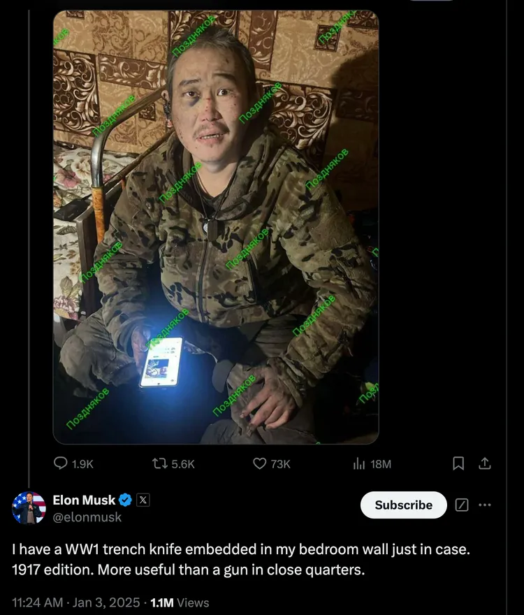 全球首富馬斯克在俄羅斯戰士照片下留言爆料，他的臥室也有一把防身用的短刀。翻攝X@ElonMusk