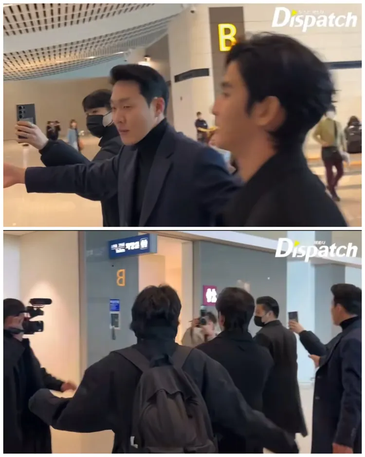 金秀賢被韓國媒體捕捉到，在機場上班路衝進廁所，可說韓星少見。翻攝Dispatch影片