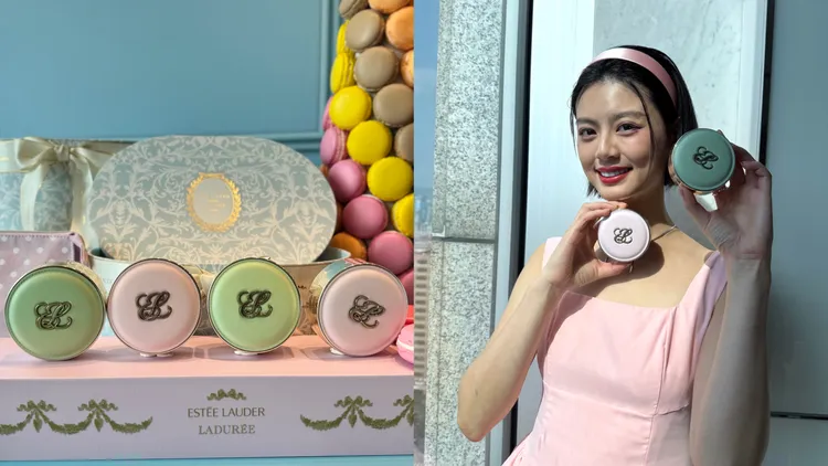 雅詩蘭黛粉持久天生美肌氣墊粉餅Ladurée聯名款（一盒兩蕊），各2900元。張家玲攝
