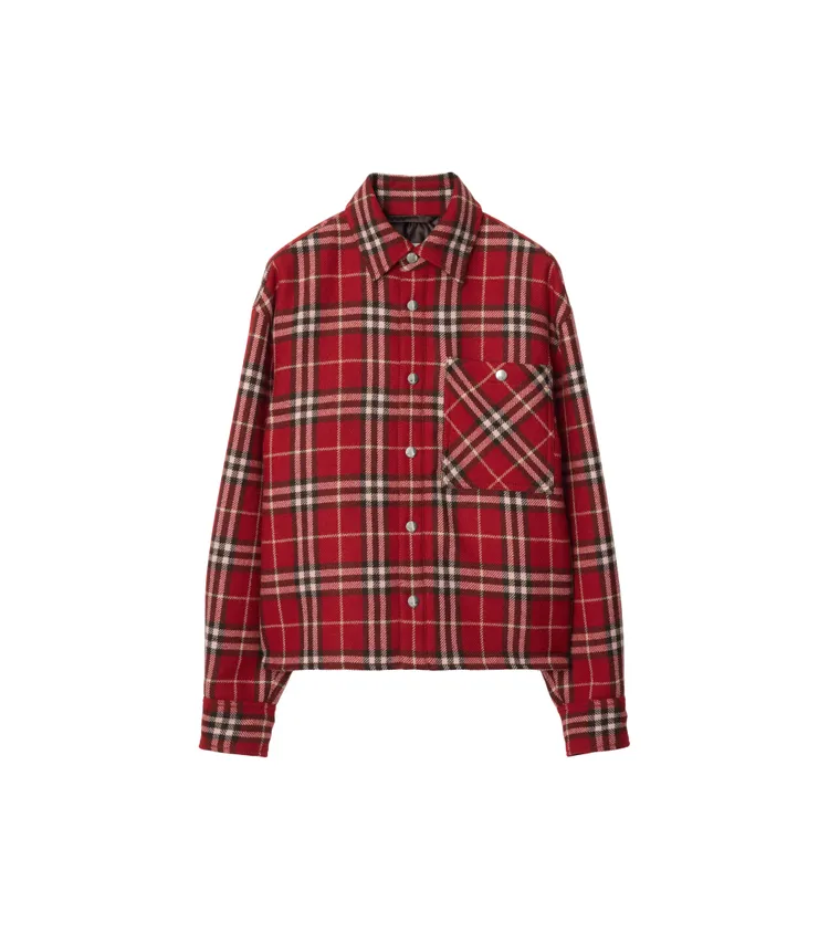 BURBERRY新春系列天竺葵色格紋羊毛外套式襯衫，5萬9000元。品牌提供