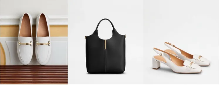 TOD'S BARRETTA樂福鞋(左)3萬1,500元、TOD'S BARRETTA黑色中型手提斜背包(中)5萬4,900元、TOD'S BARRETTA白色後繫帶中跟鞋(右)3萬5,500元。品牌提供