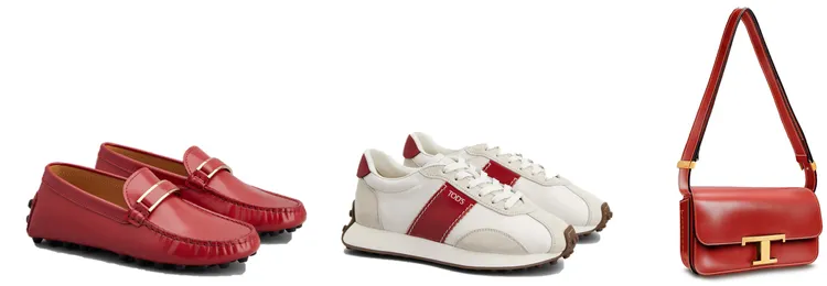 新年限定單品有TOD'S紅色大豆豆鞋(左)2萬9,900元、TOD'S T VINTAGE紅色休閒鞋(中)3萬4,100元、TOD'S T TIMELESS(右)紅色小型肩背包(右)6萬9,900元。品牌提供