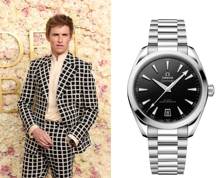 艾迪瑞德曼選擇OMEGA 41mm海馬系列Aqua Terra不鏽鋼腕錶，搭襯他的VALENTINO黑白格紋西裝，21萬9000元。品牌提供