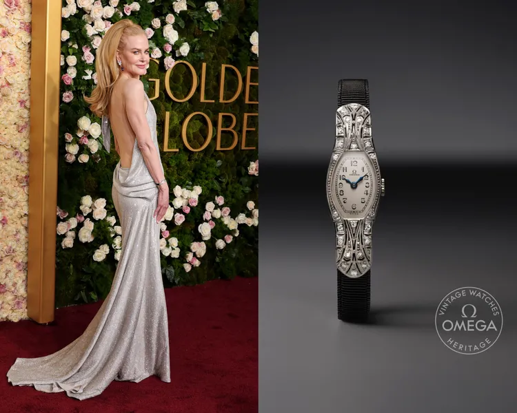 妮可基嫚以BALENCIAGA禮服搭配OMEGA 1920年珍稀新藝術風格腕錶。品牌提供