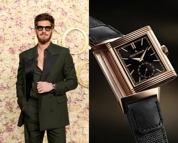 安德魯加菲德套上GUCCI西裝，配搭積家玫瑰金Reverso Tribute翻轉系列小秒針單時區腕錶，價格店洽。品牌提供