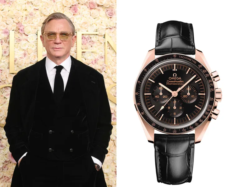 丹尼爾克雷格以GIORGIO ARMANI西裝配上OMEGA超霸系列專業登月錶，99萬9000元。品牌提供