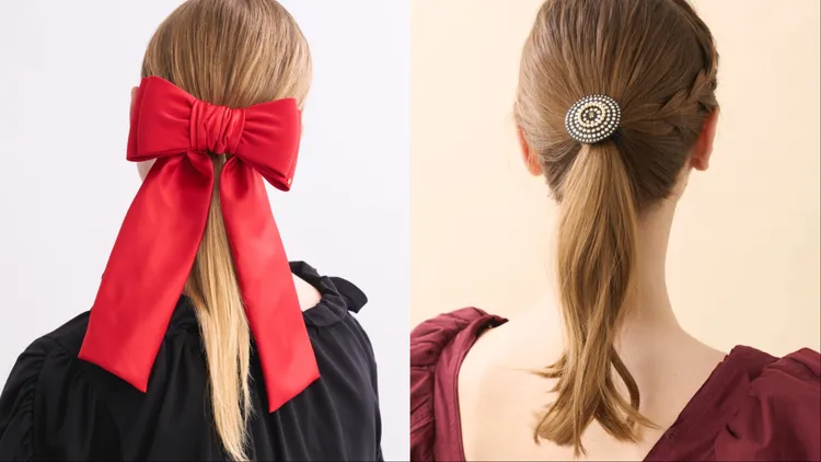 亞歷山卓綢緞蝴蝶結仕女夾（左）1萬2600元、神來運轉髮束（右）8400元。品牌提供
