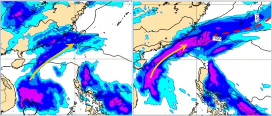 左圖：最新(10日20時)歐洲模式(ECMWF)，週三(12日)8時地面氣壓及降水模擬圖顯示，南方水氣北上、降雨範圍由南向北、逐漸擴展。

右圖：最新(10日20時)歐洲模式(ECMWF)，週四(13日)8時地面氣壓及降水模擬圖顯示，鋒面挾南方水氣通過，伴隨大範圍明顯降雨。氣象應用推廣基金會