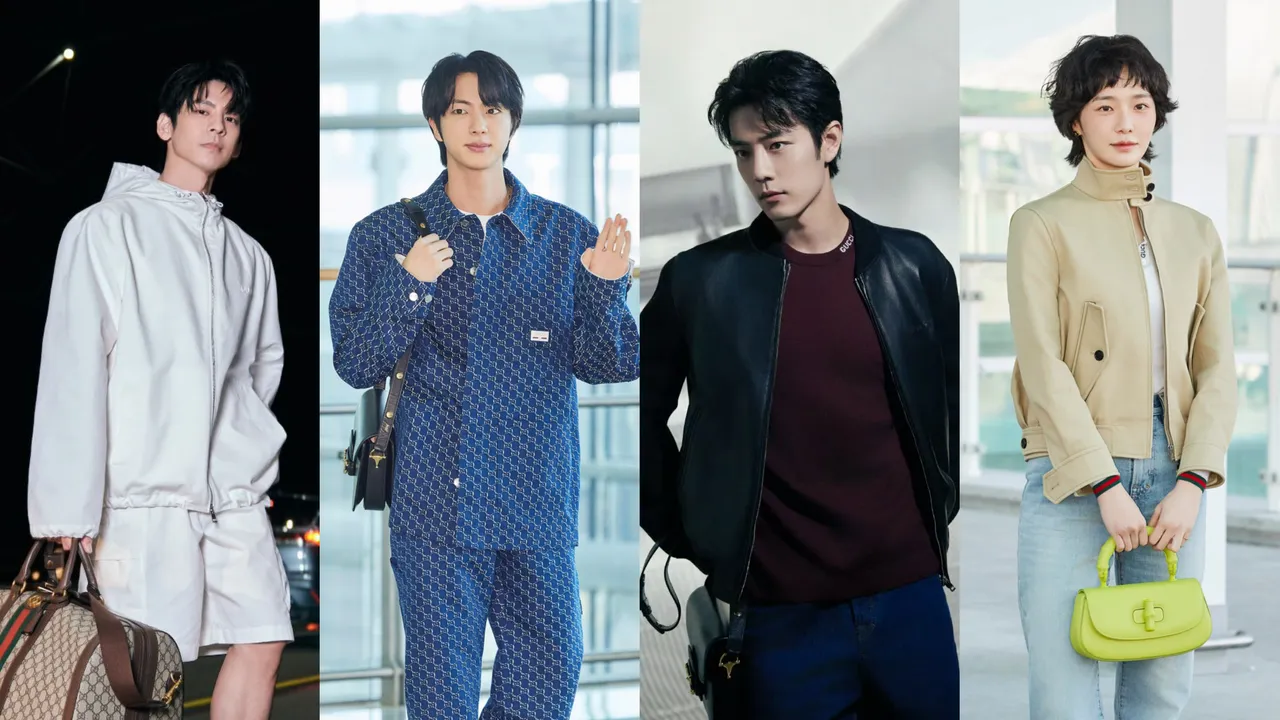 林柏宏（左起）、JIN、肖戰、朴圭瑛現身機場，準備飛往米蘭參加GUCCI 2025秋冬大秀。品牌提供