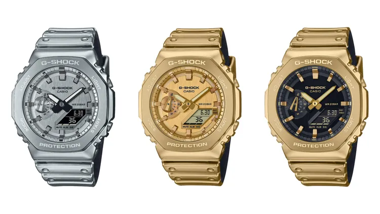 「FINE METALLIC SERIES」GM-2100YM-8A腕錶（左起）9000元、GM-2100YMG-9A9腕錶9800元、GM-2100YMG-9A腕錶9800元。品牌提供