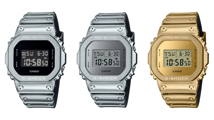 「FINE METALLIC SERIES」GM-5600YM-8腕錶（左起）8000元、GM-5600YM-8A8腕錶8000元、GM-5600YMG-9腕錶9500元。品牌提供