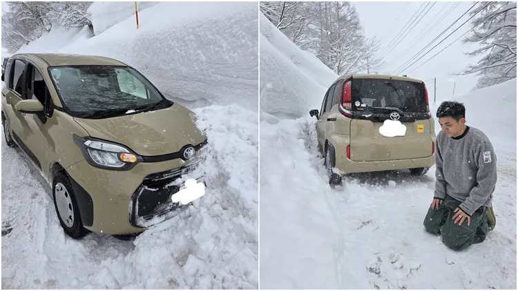 史丹利在日本雪地自駕突打滑撞山壁。翻攝《熱血史丹利大叔應援團》臉書