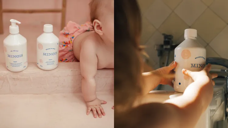 Minois寶寶溫和洗髮沐浴露（左圖） 500ml／900元、寶寶泡泡浴露（右圖）500ml／1100元。品牌提供