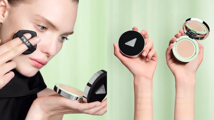 PRADA原生霧光尼龍氣墊，外包裝使用與品牌包款相同的Re-Nylon面料搭配金屬三角Logo。品牌提供