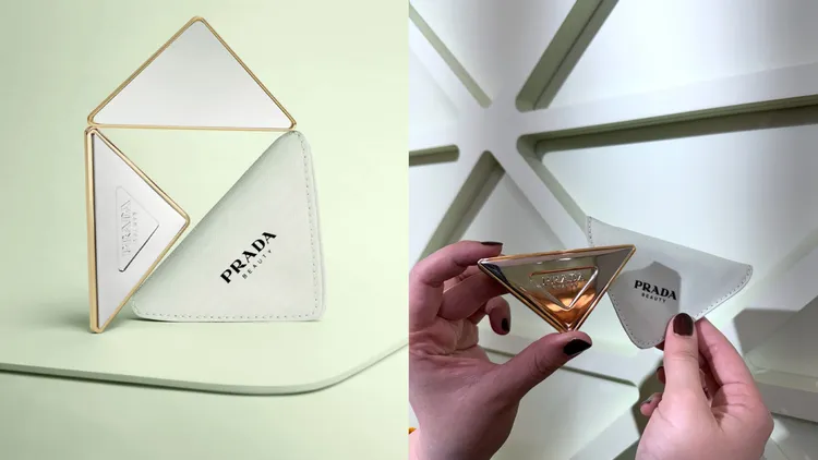 開幕期間購買任2件商品，就可獲得超搶手的PRADA精品三角鏡。左圖品牌提供、右圖張家玲攝
