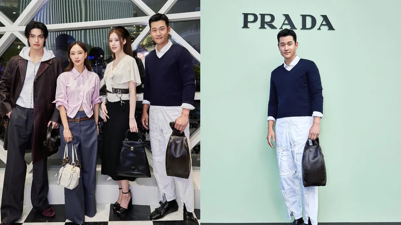 周興哲（左圖右1、右圖）出席PRADA新加坡ION Orchard專門店改裝開幕，和TWICE成員Sana（左圖右2）同框合影。品牌提供