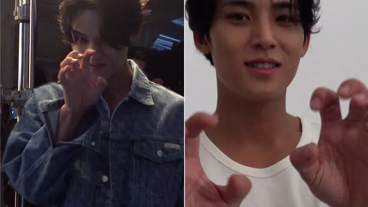 珉奎在花絮影片中比出隊友Hoshi的招牌「虎爪」手勢。品牌提供