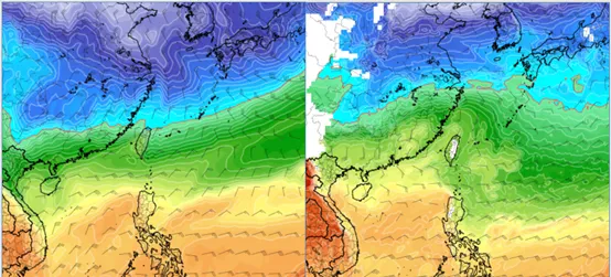 左圖：最新(1日20時)歐洲模式(ECMWF)，週六(8日)20時850百帕氣溫及風場圖顯示，另一波強冷空氣已南下，零度(紅)線觸及北部陸地。
右圖：最新(1日20時)美國模式(GFS)，週六(8日)20時850百帕氣溫及風場圖顯示，台灣仍在暖空氣內。(圖擷自tropical tidbits)
氣象應用推廣基金會