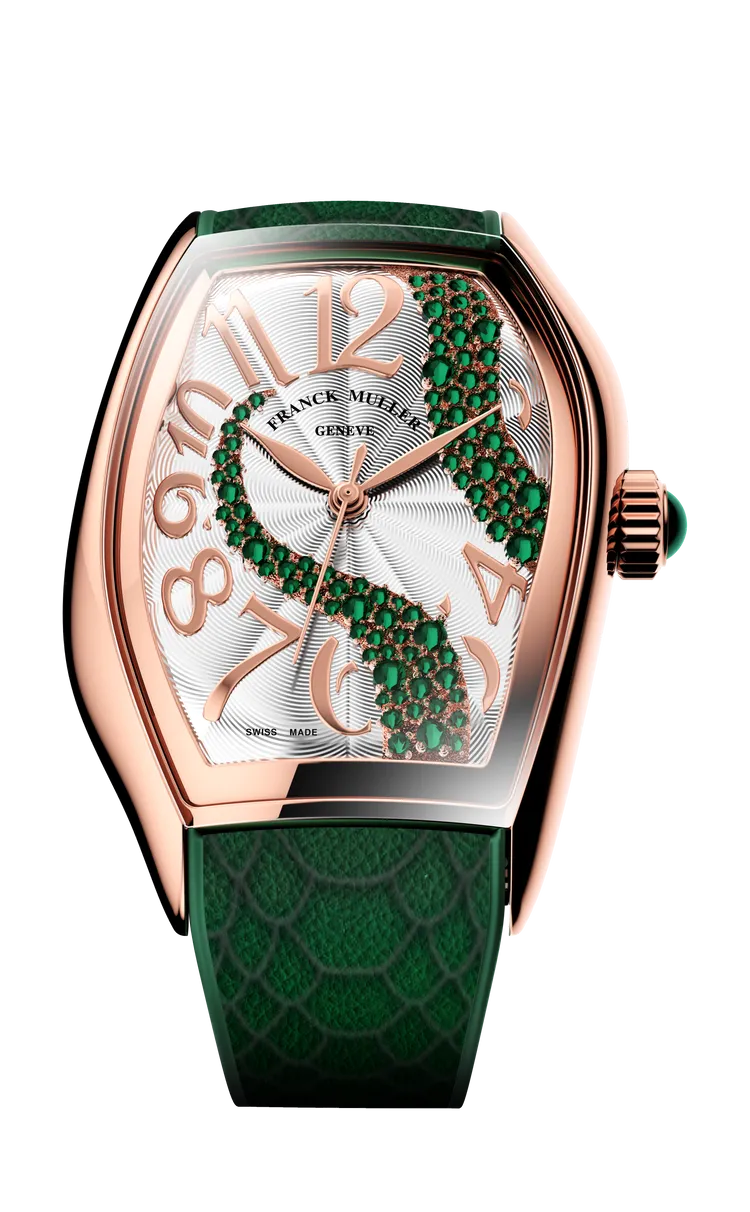 Franck Muller Silhouette CX Snake腕錶，30.8*44mm，18K玫瑰金錶殼，太陽圖案雕飾紋錶盤，手工縫製小牛皮錶帶，MVT FM 2038機芯，動力儲存40小時，防水深度30米，台灣限量5只。品牌提供