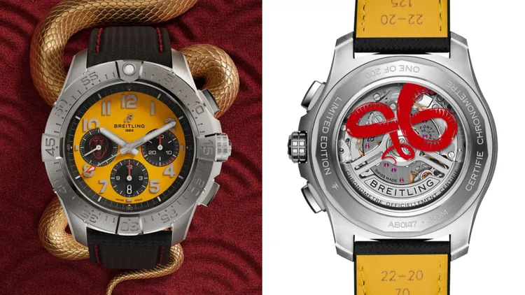 百年靈B01計時碼錶44赤蛇限量版，44mm，精鋼錶殼，黃色錶盤，煙煤色軍隊風皮革錶帶配紅色縫線，百年靈自製01自動機些上鍊機芯，動力儲存70小時，防水深度300米，限量200只，24萬1000元。品牌提供