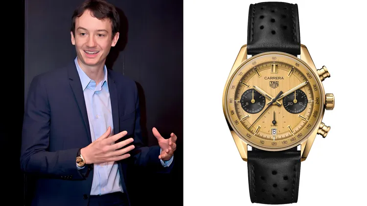 泰格豪雅Carrera Chronograph 黃金計時腕錶，也是LVMH集團三公子Frédéric Arnault的愛錶之一，70萬6700元。品牌提供