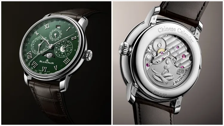 寶珀Villeret中華年曆腕錶蛇年，45.2mm，鉑金錶殼，綠色大明火琺琅錶盤，短吻鱷魚皮錶帶，3638自動上鍊機芯，動力儲存7日，防水深度30米，全球限量50只，283萬1000元。品牌提供