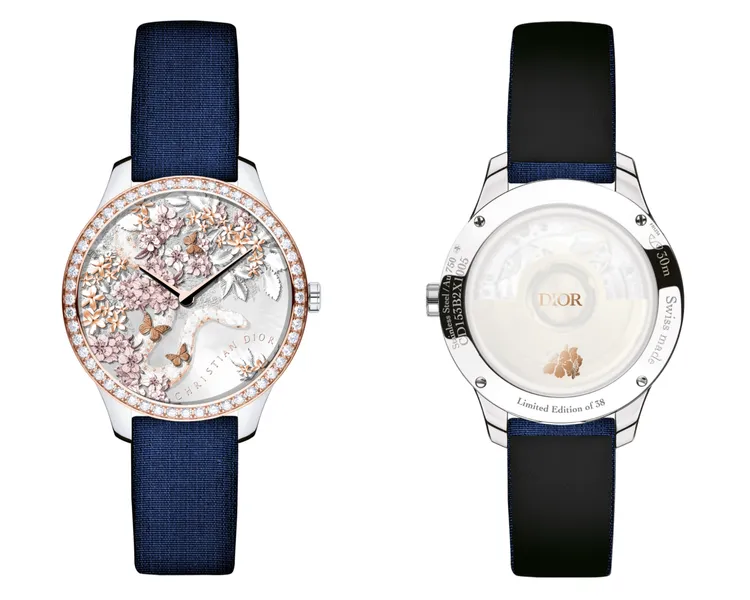 Dior Grand Soir 2025蛇年腕錶，36mm，精鋼錶殼，珍珠母貝錶盤，藍色緞面錶帶，Sellita SW300 自動上鍊機芯，動力儲存42小時，防水深度30米，全球限量38只，145萬元。品牌提供