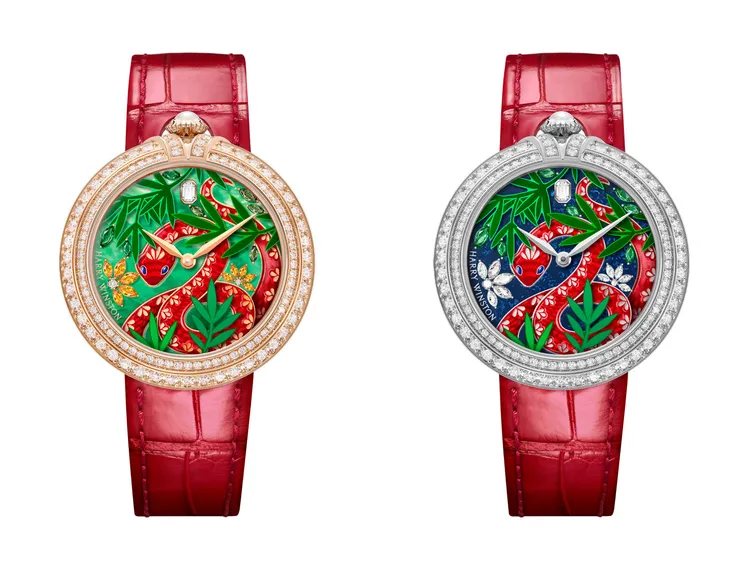 海瑞溫斯頓2025蛇年生肖腕錶，36mm，18K白金/18K玫瑰金錶殼，珍珠母貝錶盤，紅色鱷魚皮錶帶，HW2010自動上鍊機芯，動力儲存40小時，防水深度30米，各限量8只，價格店洽。品牌提供