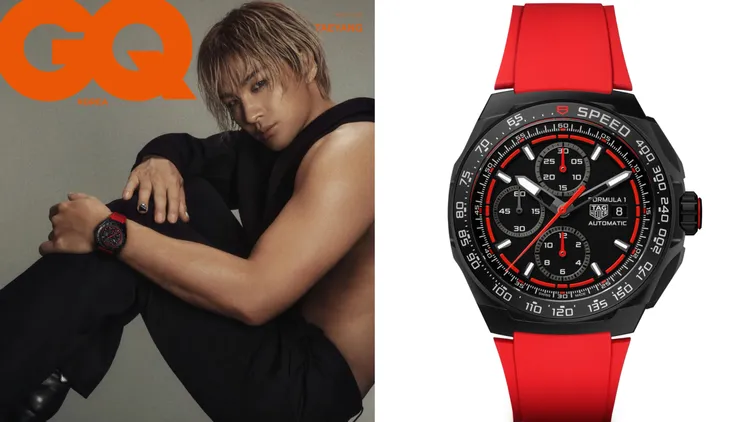 太陽配戴泰格豪雅最新Formula 1計時腕錶賽車紅款腕錶，16萬1500元。品牌提供