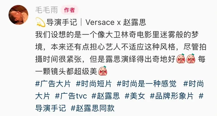 VERSACE形象片導演毛毛魚大讚趙露思的出色演繹。翻攝毛毛魚小紅書