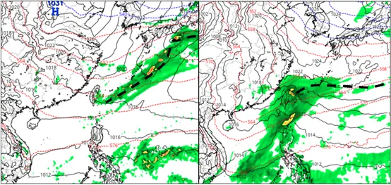 左圖：最新(18日20時)歐洲模式(ECMWF)，模擬28日20時地面氣壓及降水圖顯示，鋒面快速掠過，鋒後冷空氣弱，降雨亦不明顯。
右圖：最新(18日20時)美國模式(GFS)，模擬28日20時地面氣壓及降水圖顯示，鋒面快速掠過，冷空氣不明顯，降雨則偏多。氣象應用推廣基金會