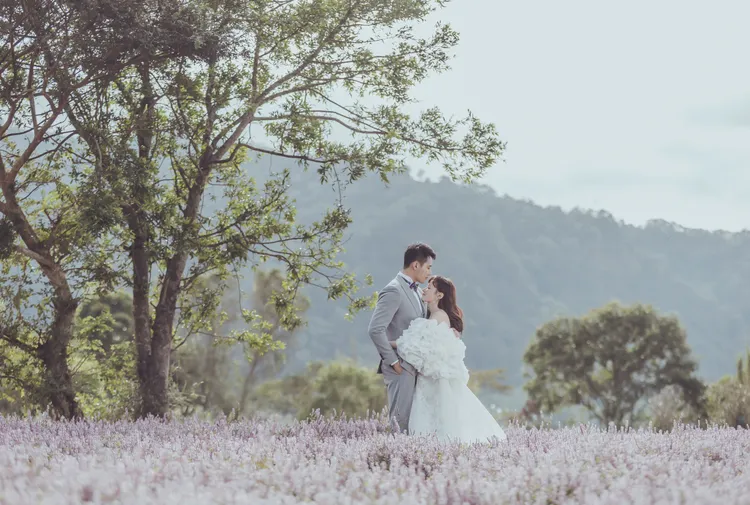 張睿家、黃安若於仙草花田拍攝婚紗照，畫面宛如夢境。LinLi Boutique提供