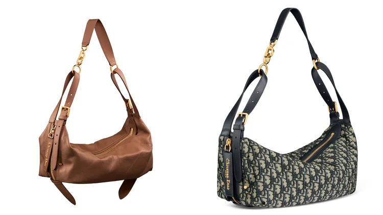 DIOR D-Journey摩卡棕小牛皮皺褶Flat Macrocannage中型包款（左圖）、D-Journey Oblique緹花帆布中型包款（右圖），各14萬元。品牌提供