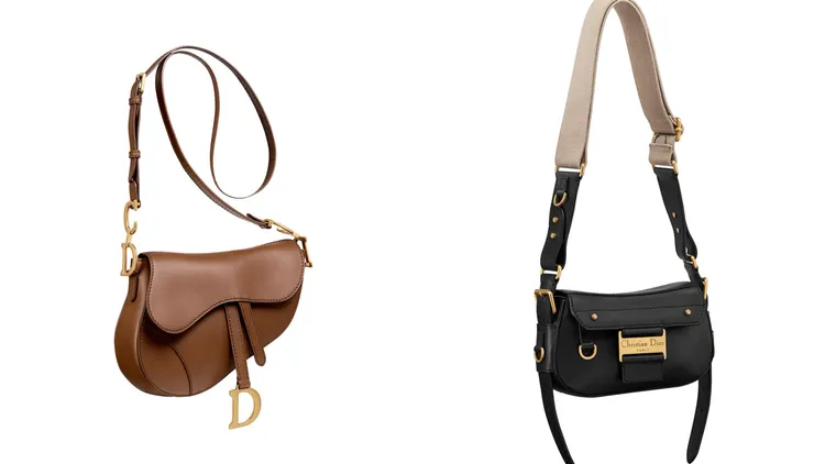 DIOR Saddle咖啡色亮面小牛皮中型軟包（左）13萬5000元；DIOR Streetchic黑色小牛皮小型包款（右）16萬5000元。品牌提供