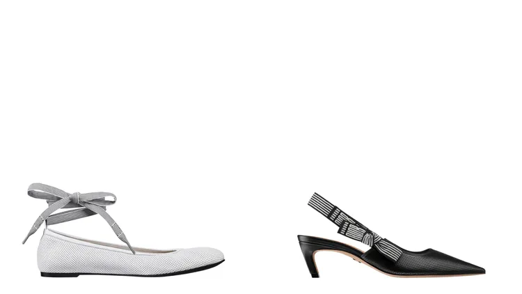 DIOR D-Journey白色小羊皮繫帶芭蕾舞鞋（左）3萬1000元；DIOR Toujours黑色小羊皮Dior字樣後綁帶高跟鞋（右）3萬2000元。品牌提供