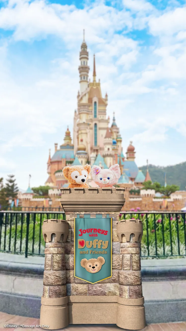 香港迪士尼樂園全新設置玩偶「可愛座」打卡位，可與心愛的達菲與好友玩偶一起自拍留念。業者提供