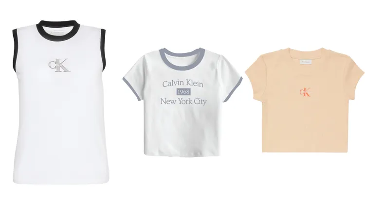 Calvin Klein標誌造型背心（左起）2280元、灰色標誌造型短版上衣2180元、藍色標誌造型短版上衣2180元。品牌提供