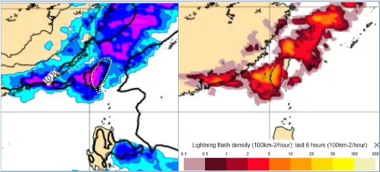 最新(26日20時)歐洲模式(ECMWF)，模擬下週二(4日)2時地面氣壓及前6小時累積降水圖顯示，鋒面通過、伴隨明顯降雨(左圖)。同時閃電密度(前6小時)的模擬圖顯示，有雷雨發生的機率(右圖)。氣象應用推廣基金會
