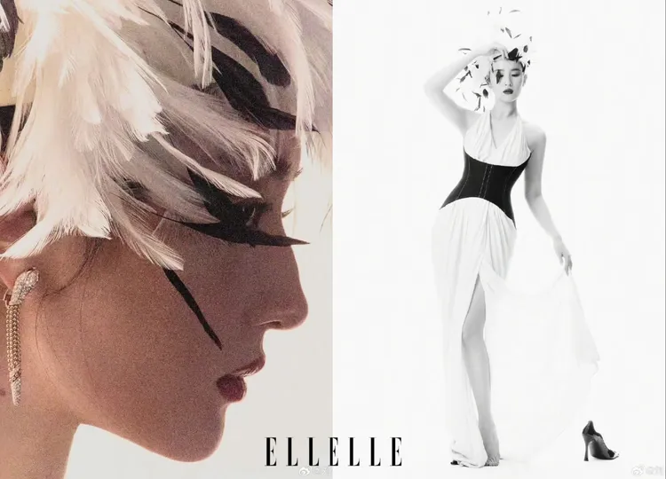 引起關注的羽毛帽由上海帽飾設計師Kumi Ding所打造。翻攝《ELLE》微博