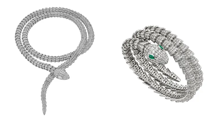 BVLGARI Serpenti系列頂級鑽石項鍊（左圖）、頂級祖母綠與鑽石手環（右圖）。品牌提供