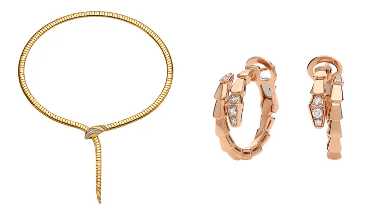 BVLGARI Serpenti Tubogas系列黃K金縞瑪瑙與鑽石項鍊（左圖），Serpenti Viper系列玫瑰金鑲鑽耳環（右圖）。品牌提供